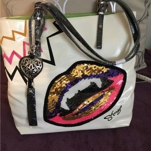 NWT RARE VINTAGE Genuine White Leather Sharif Large Tote Bag “I LOVE LIFE” Quote